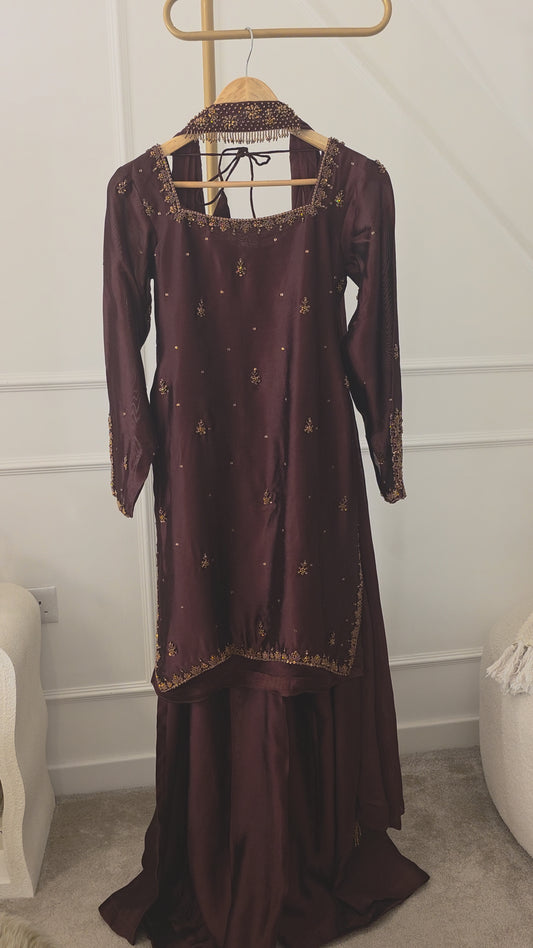 AIMAN- Brown  Embellished 3-Piece Sharara Set